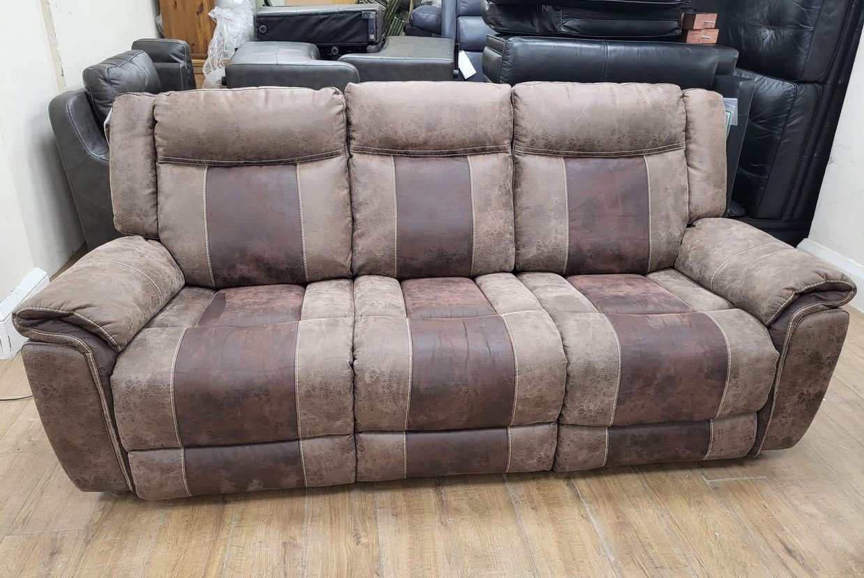 Barkley 2 tone brown endurance fabric 3 seater electric recliner sofa